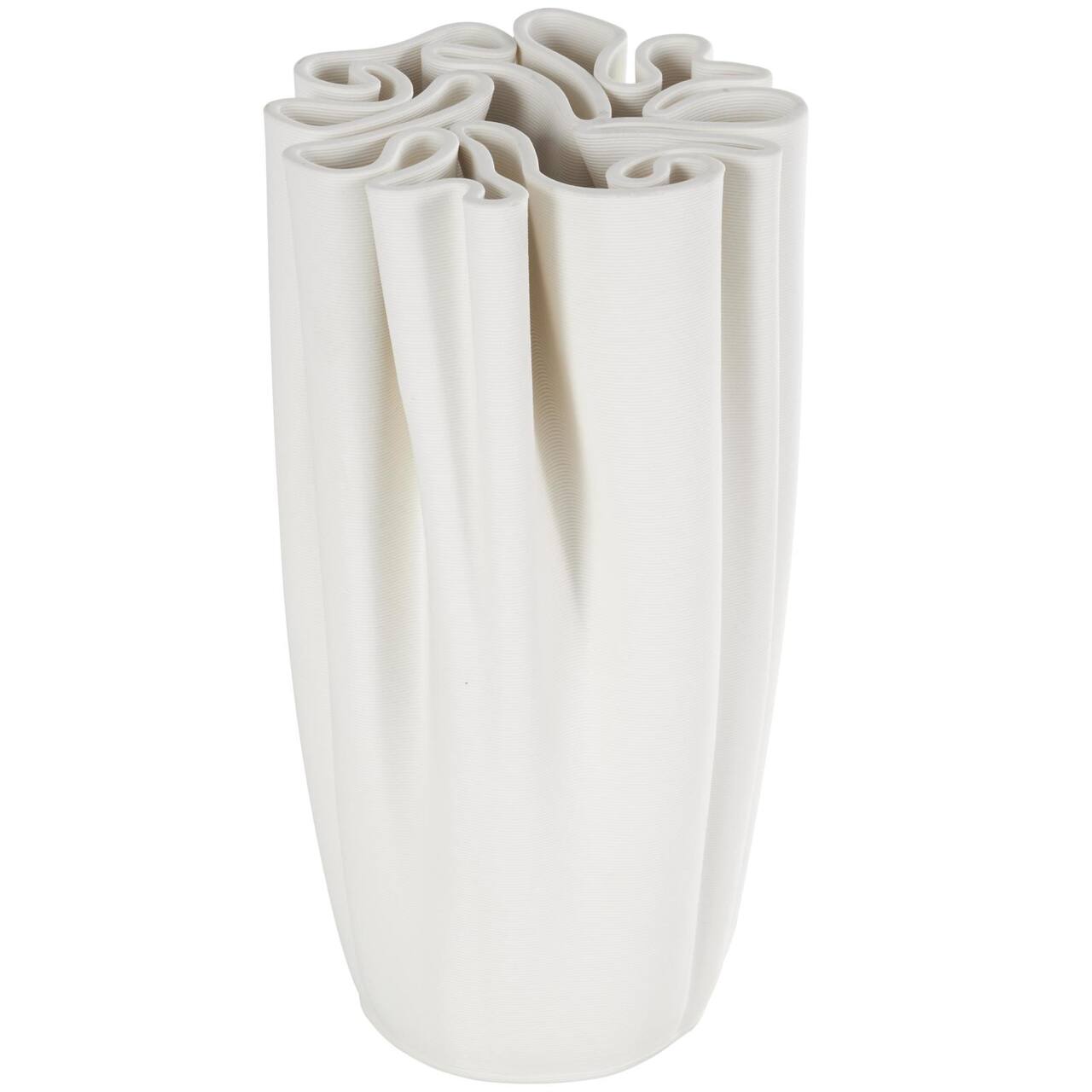 White Ceramic Abstract Ribbed Dimensional Folded Vase with Compact Wavy Rim